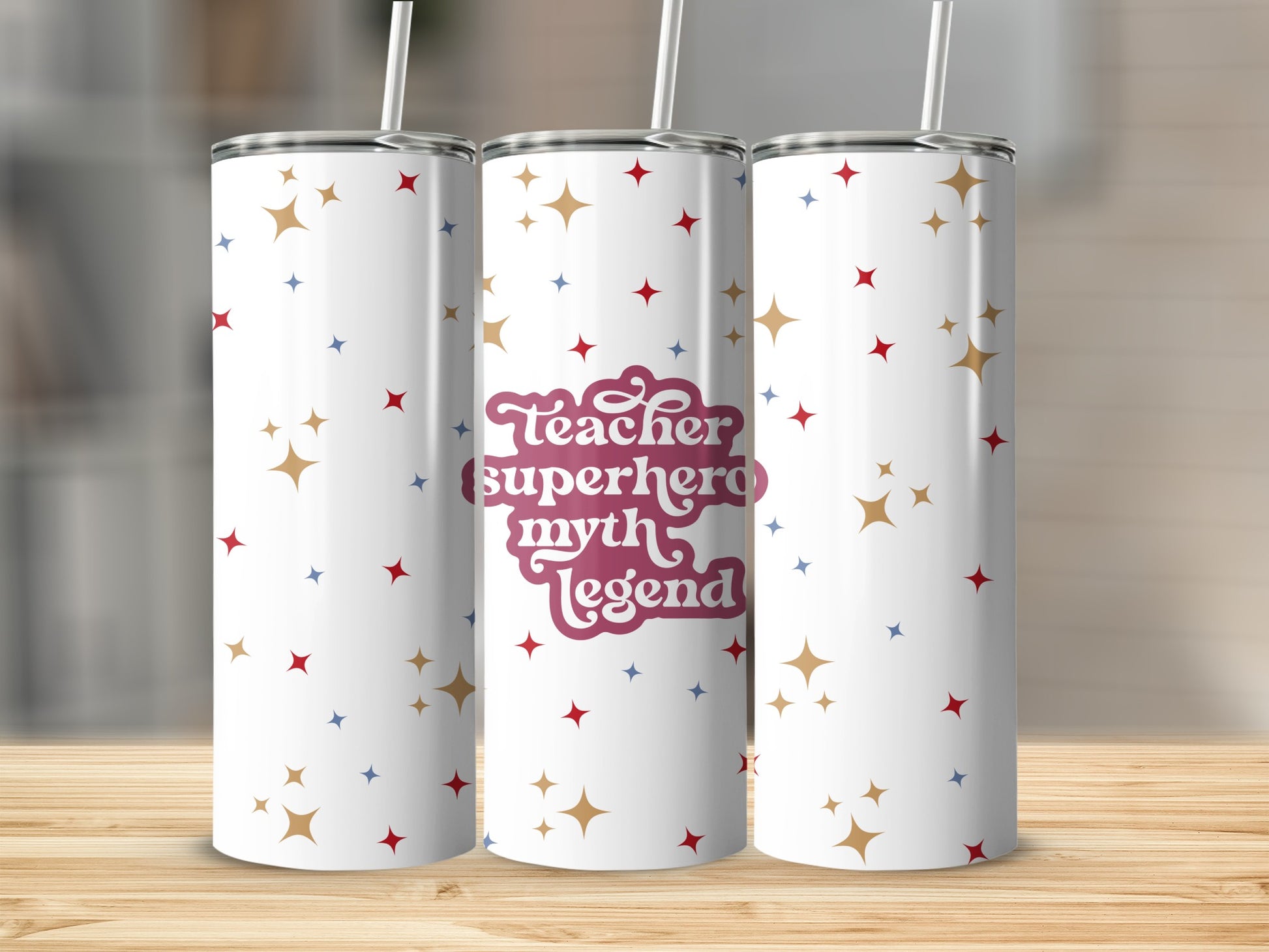 White tumbler with stars and "Teacher Superhero, Myth, Legend" text.