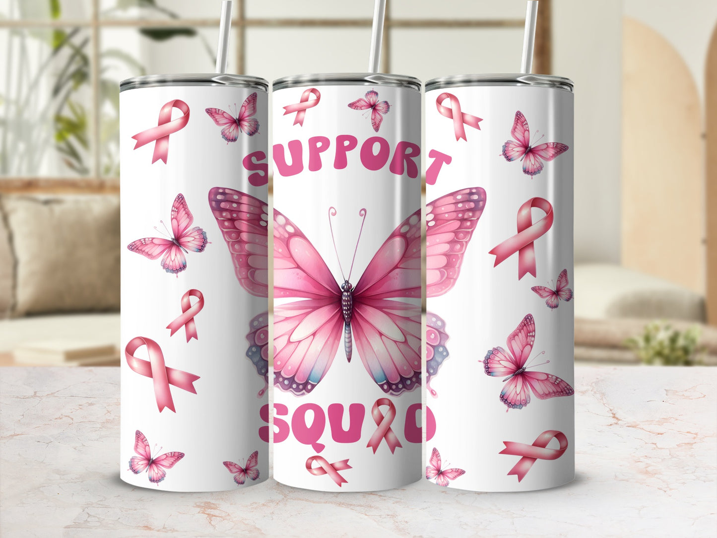 Pink butterfly and breast cancer awareness ribbons with "SUPPORT SQUAD" text.