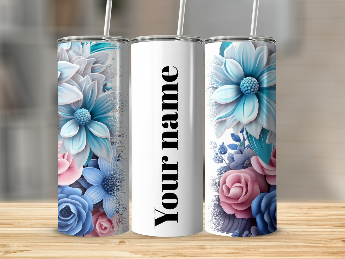 Personalized Floral Design Insulated Tumbler with Straw