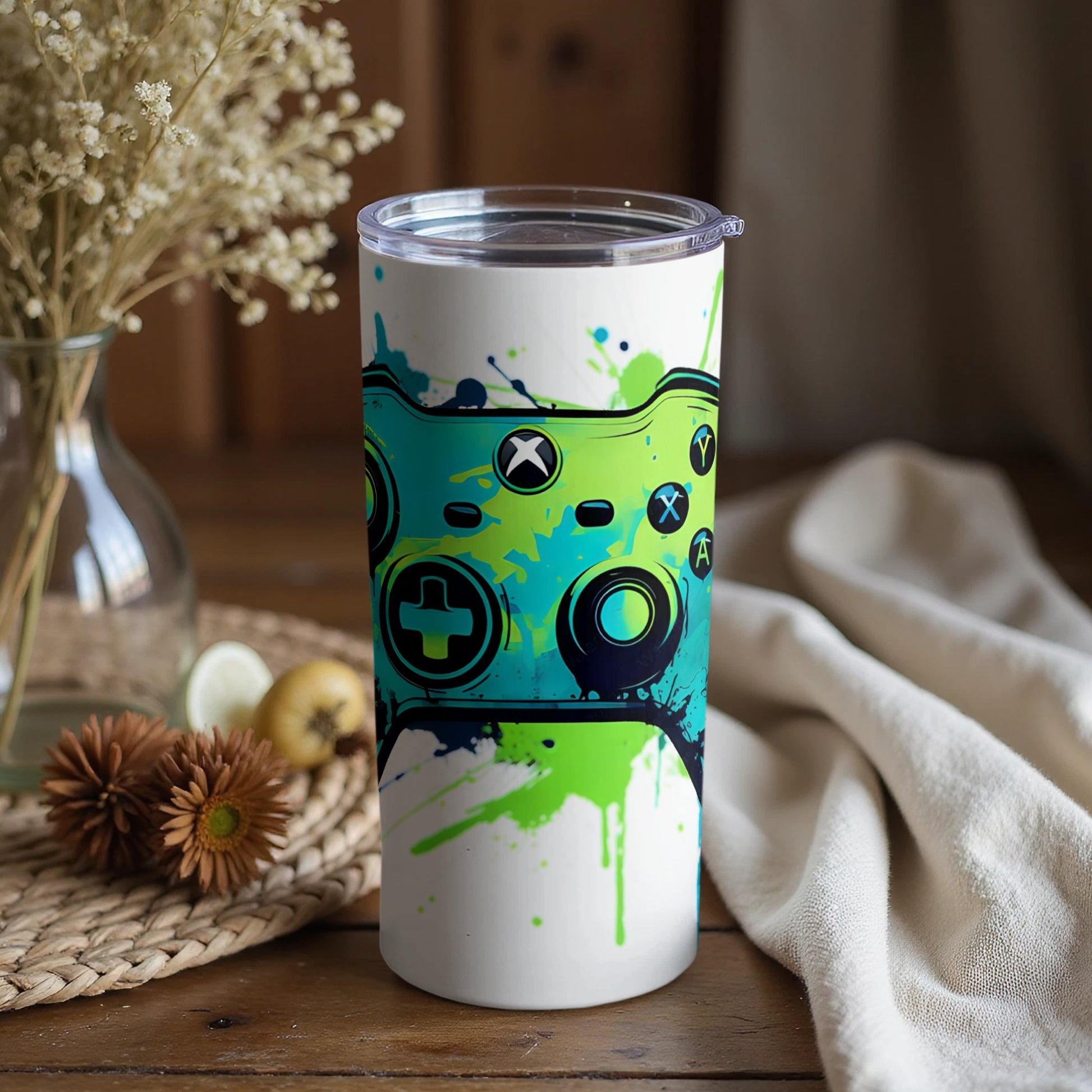 Splatter Green and Black Game Console Tumbler