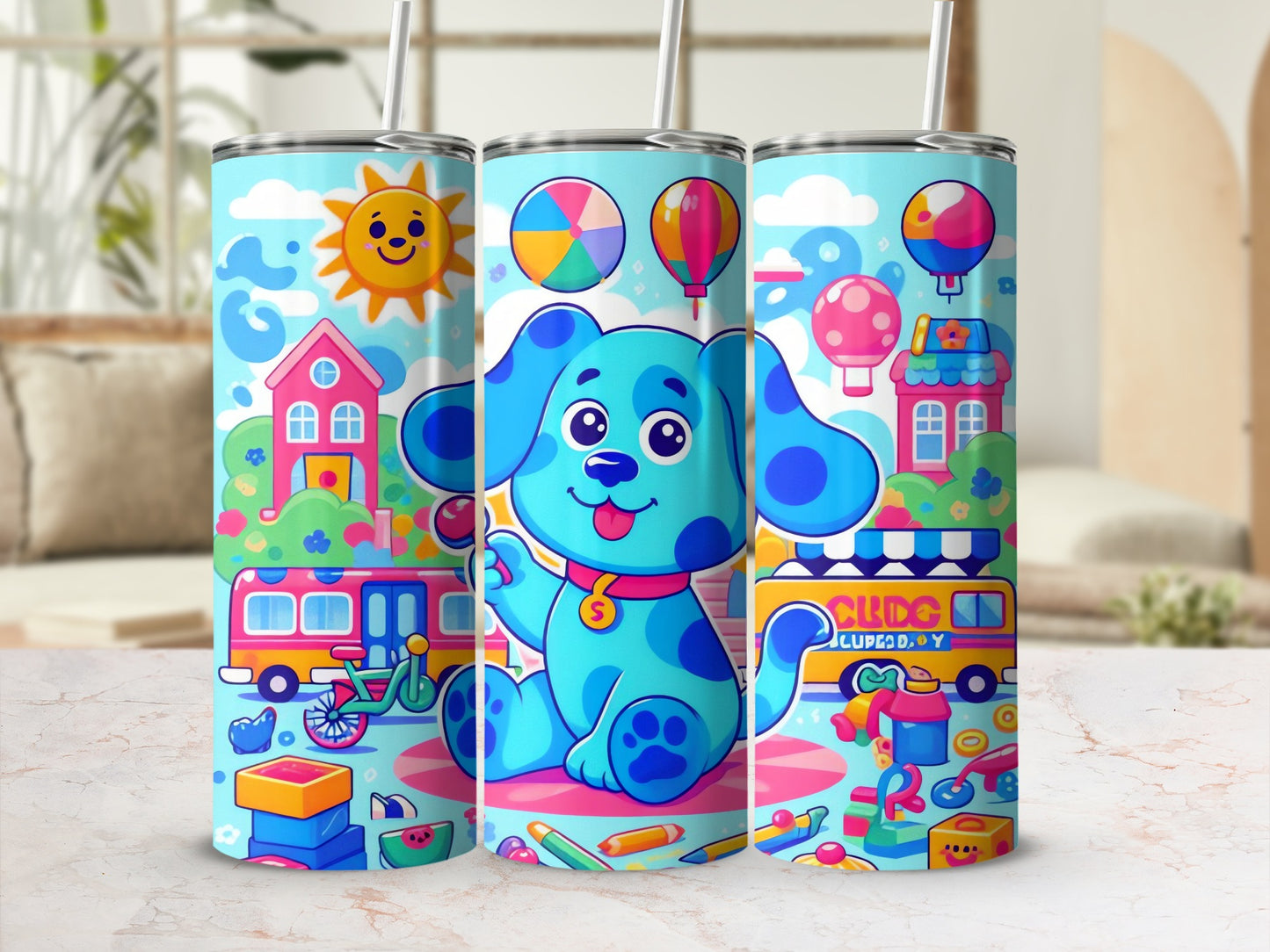 Colorful Cartoon Dog Playhouse and Bus Design Tumbler