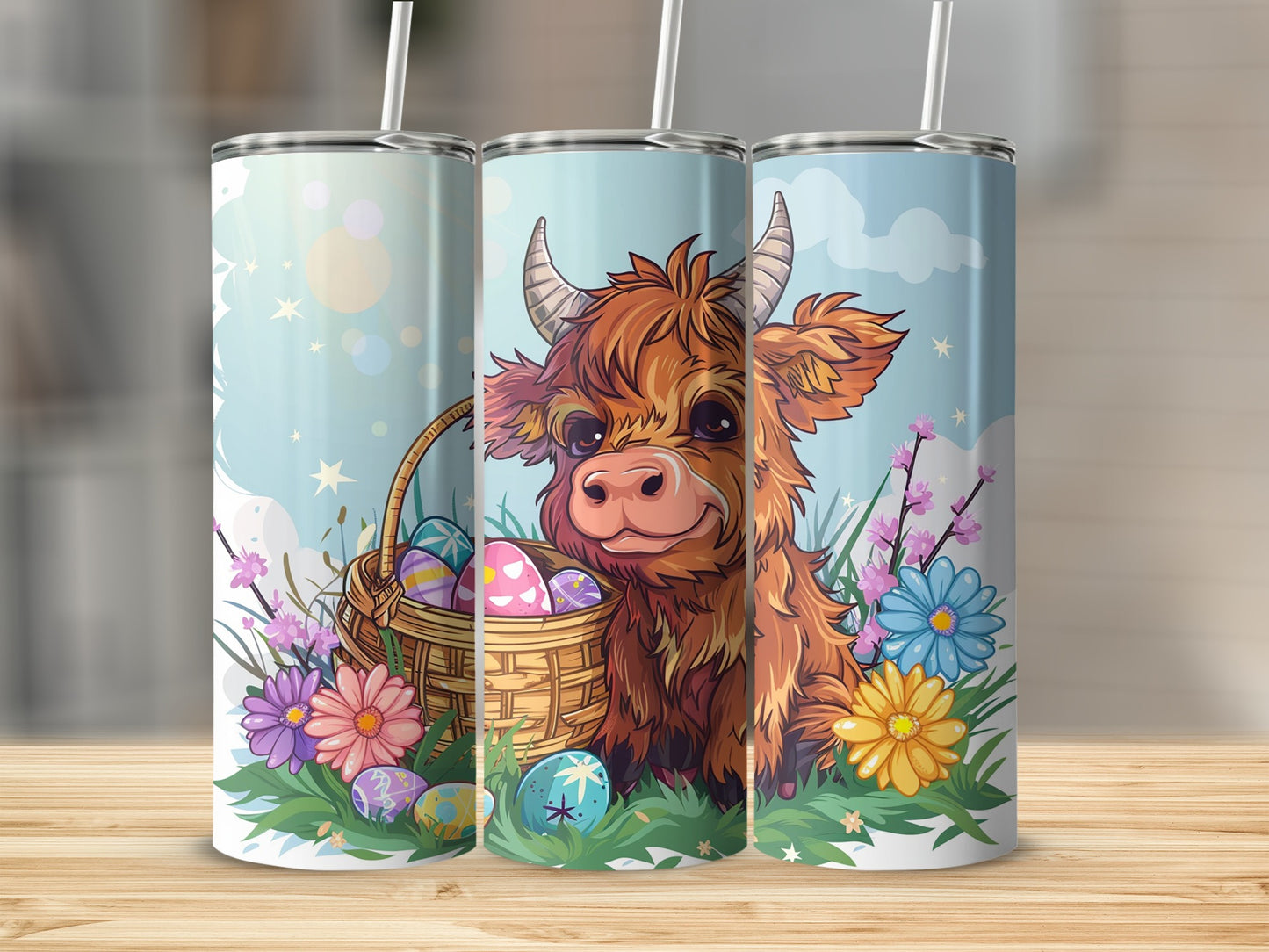 Cute Highland Cow Easter Eggs Floral Artwork Tumbler