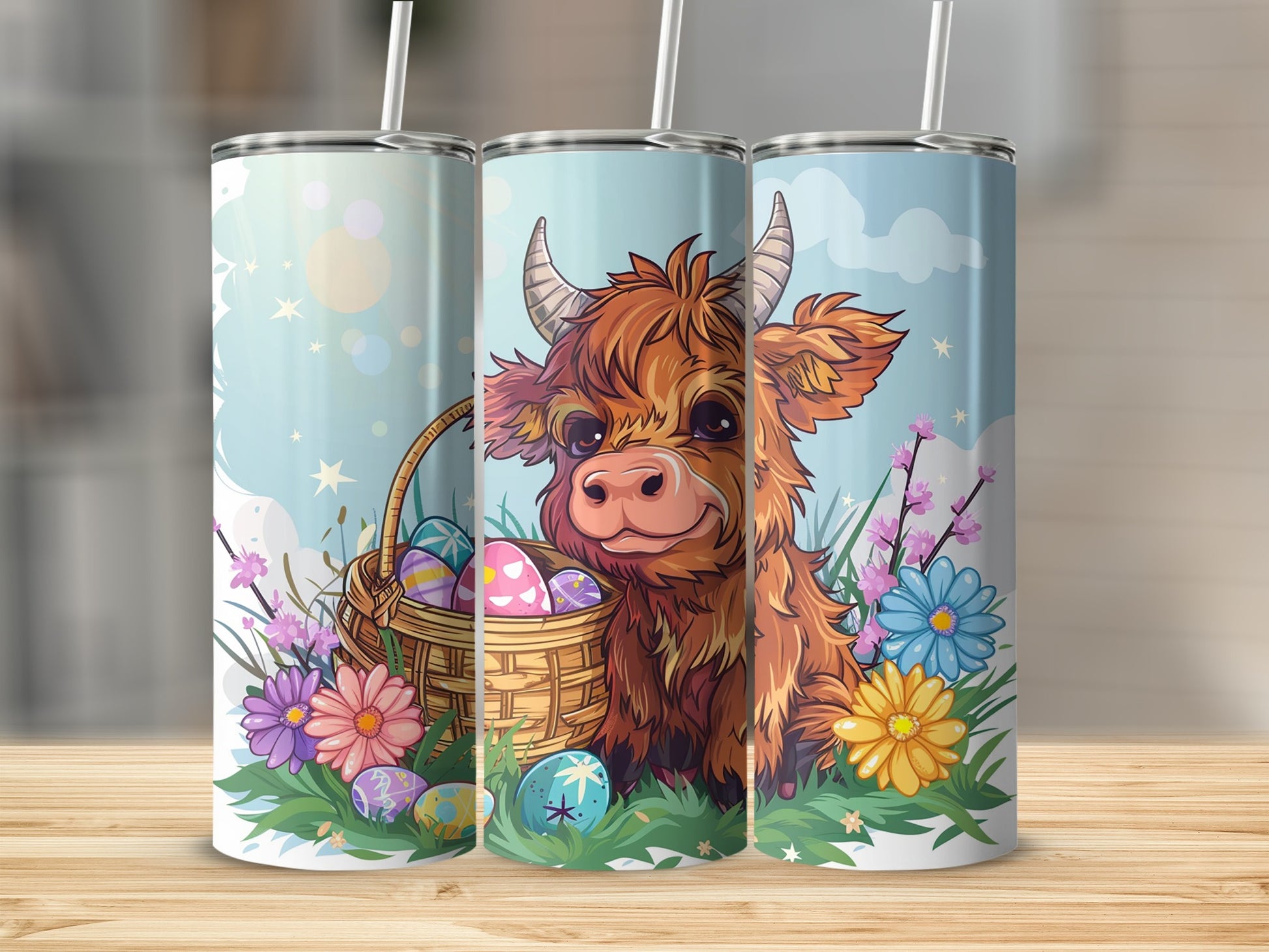 Cute Highland Cow Easter Eggs Floral Artwork Tumbler
