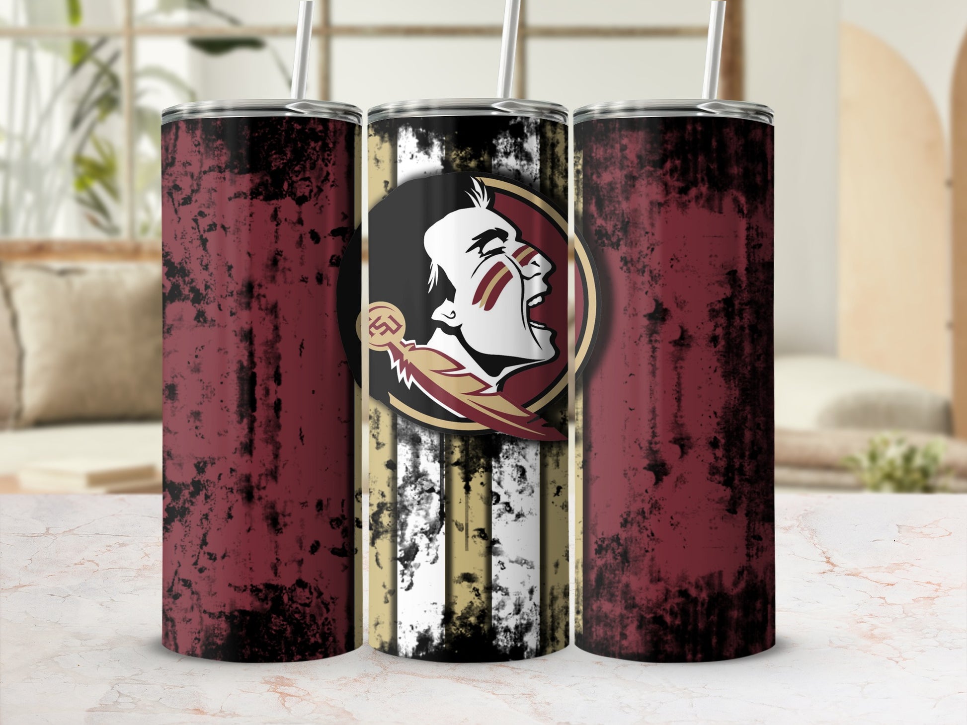 Tumblers featuring the Florida State Seminoles logo and distressed maroon design.