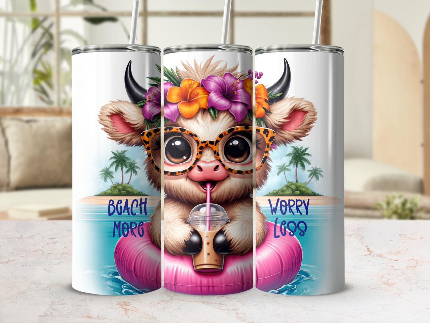Cartoon cow with glasses and flowers floats on a pink inner tube.