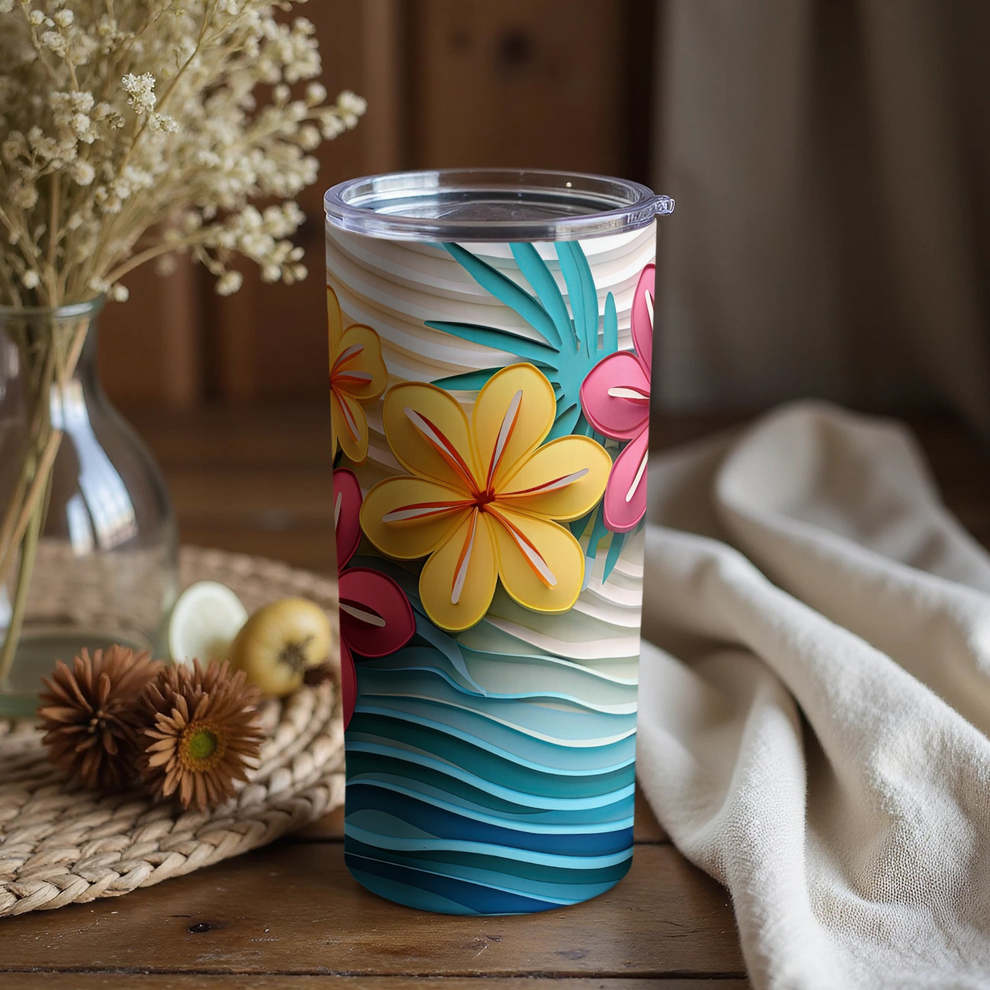 Vibrant Floral Design on Tumbler With Ocean Waves Design