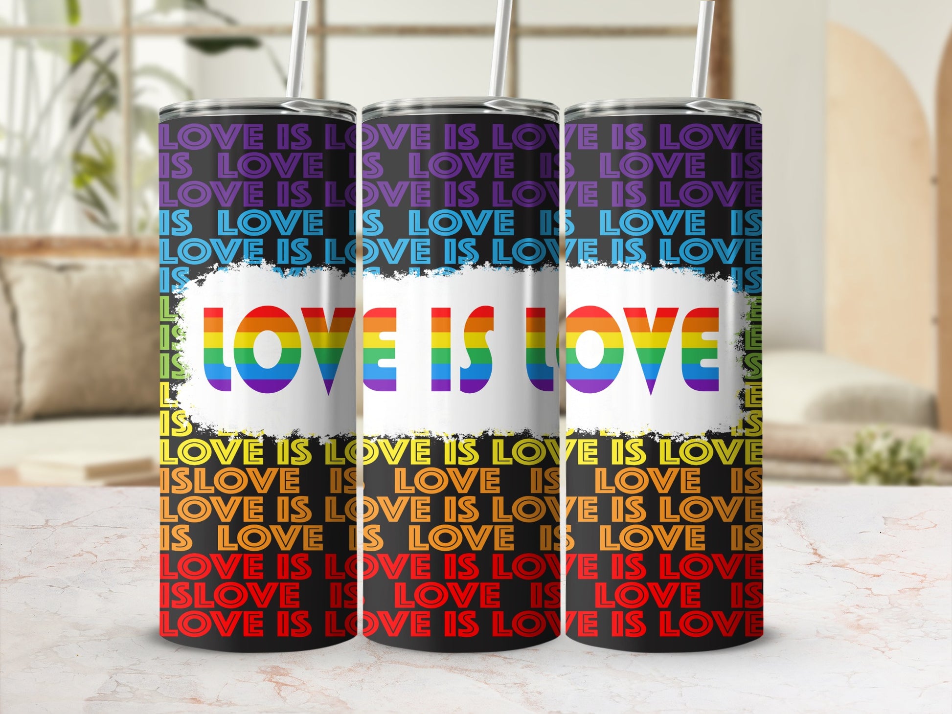 Tumbler with "LOVE IS LOVE" text in rainbow colors and repeating text pattern.