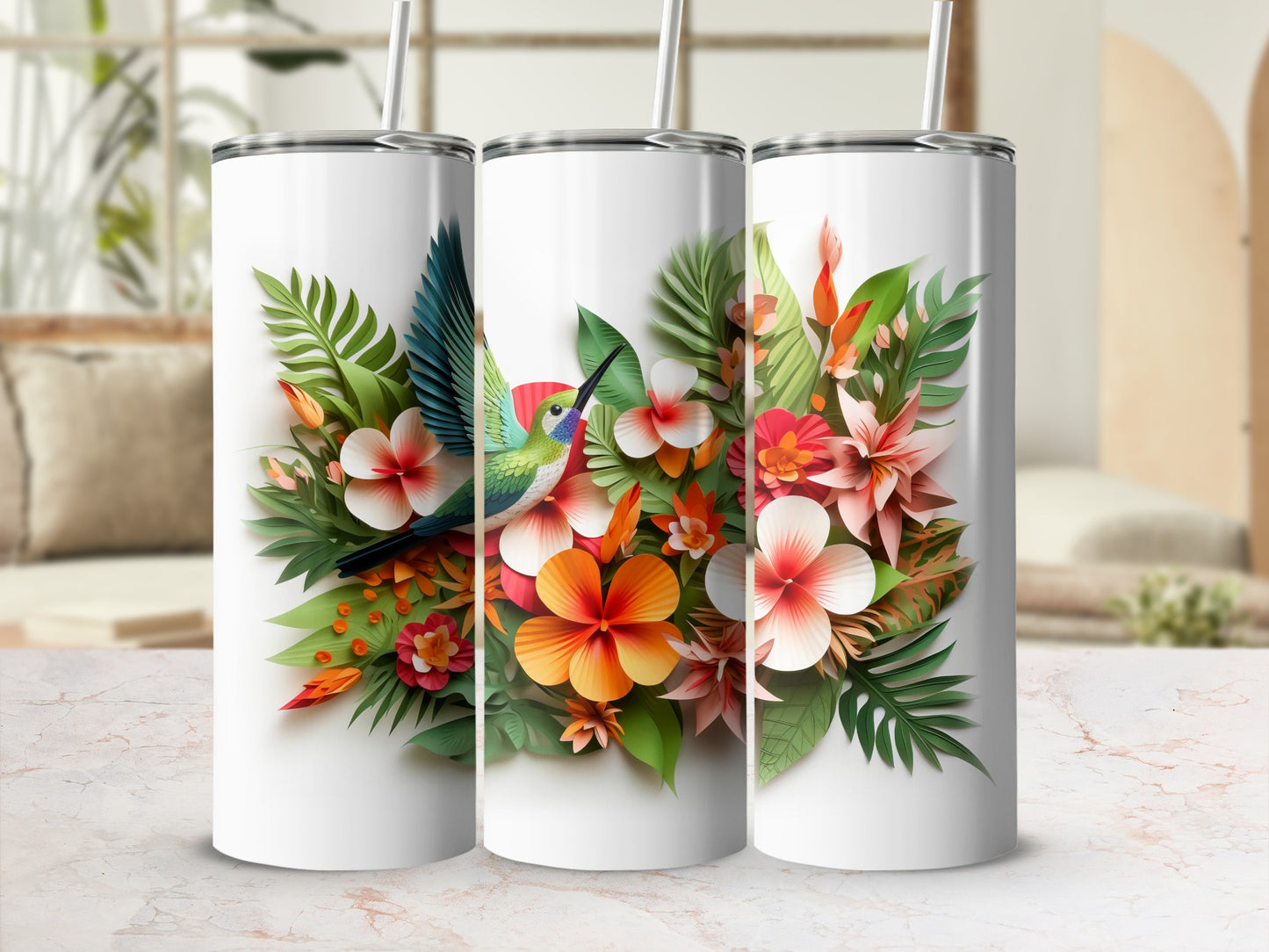 Vibrant Floral Hummingbird Tumbler with Colorful Design