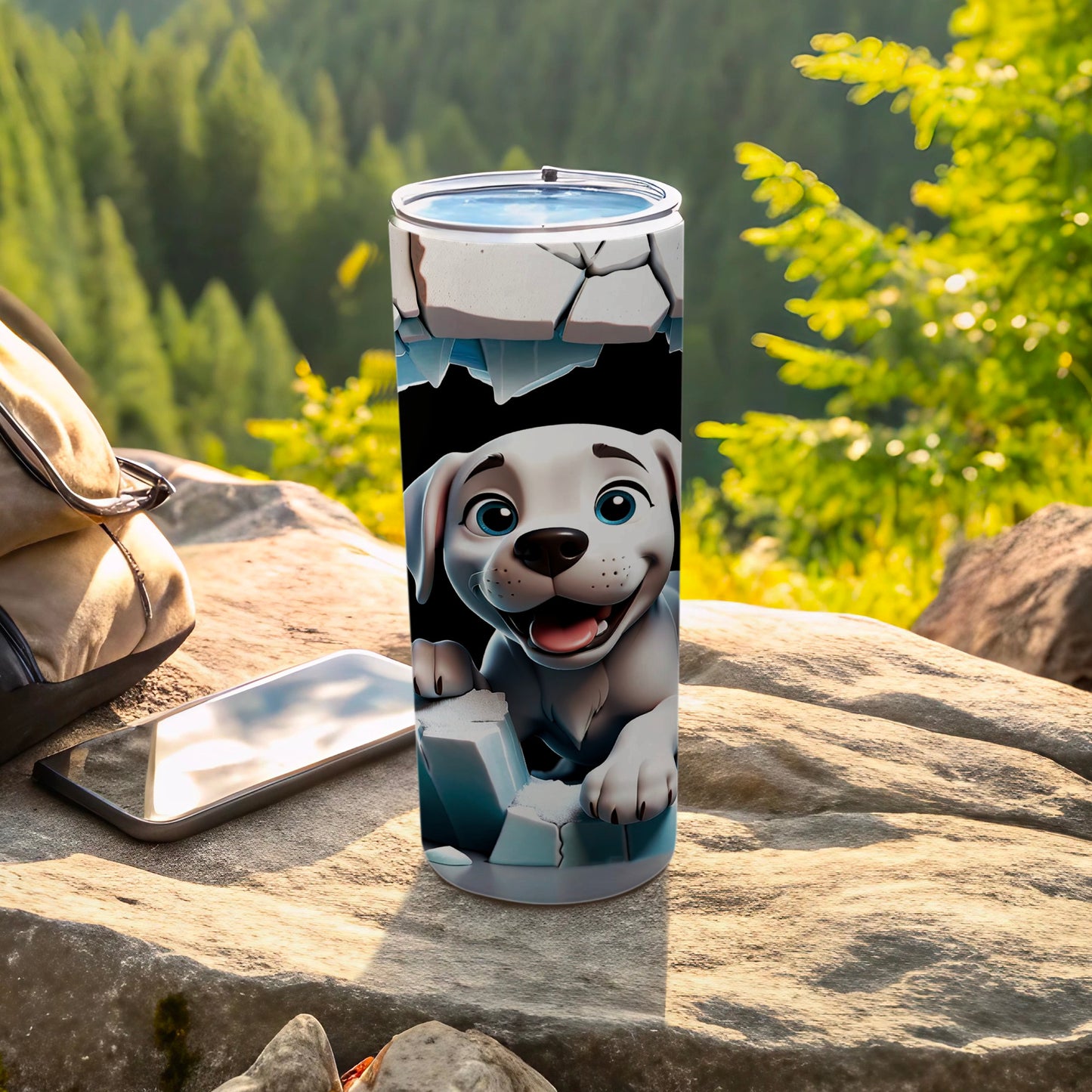 Playful Puppy Design on Tumbler with Scenic Background