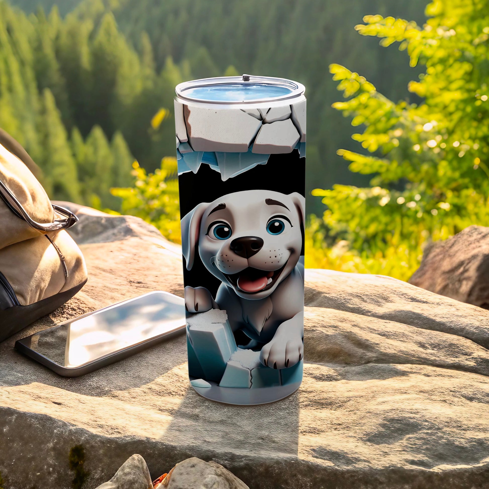 Playful Puppy Design on Tumbler with Scenic Background