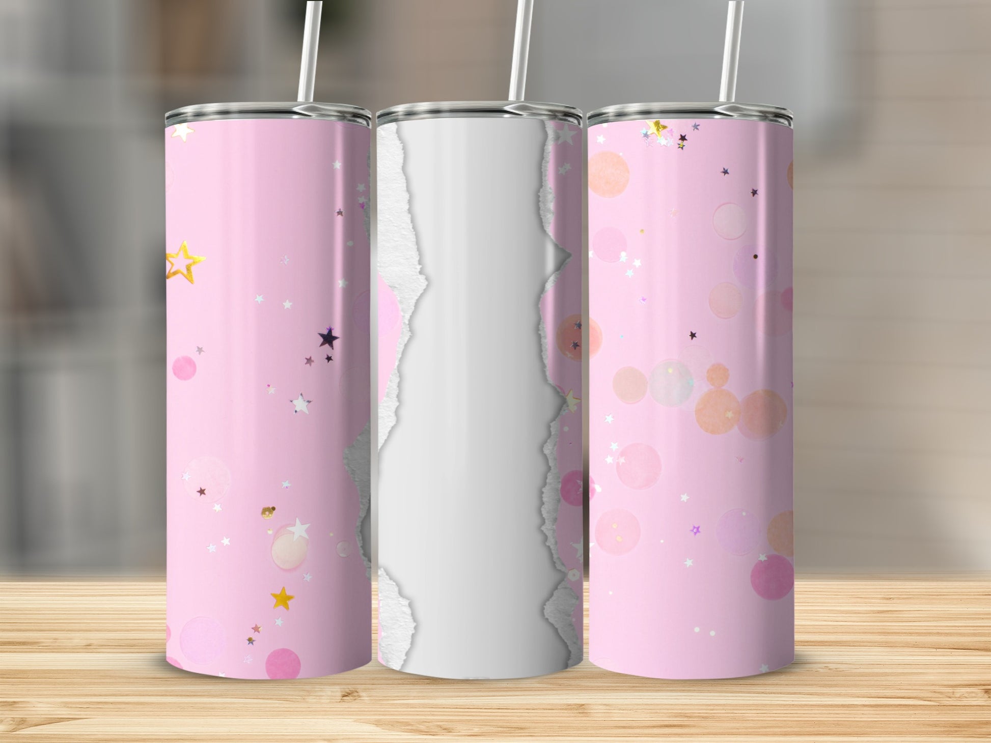 Pink tumbler with stars and bokeh, white torn paper overlay.