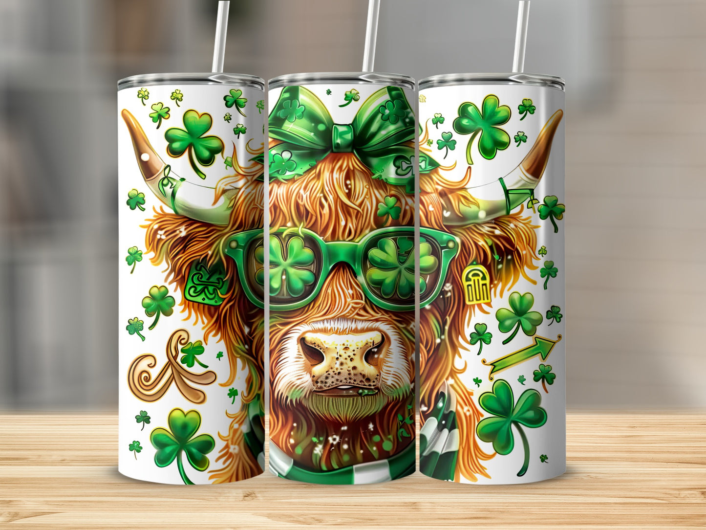 Highland cow wearing sunglasses and a bow, decorated with shamrocks.