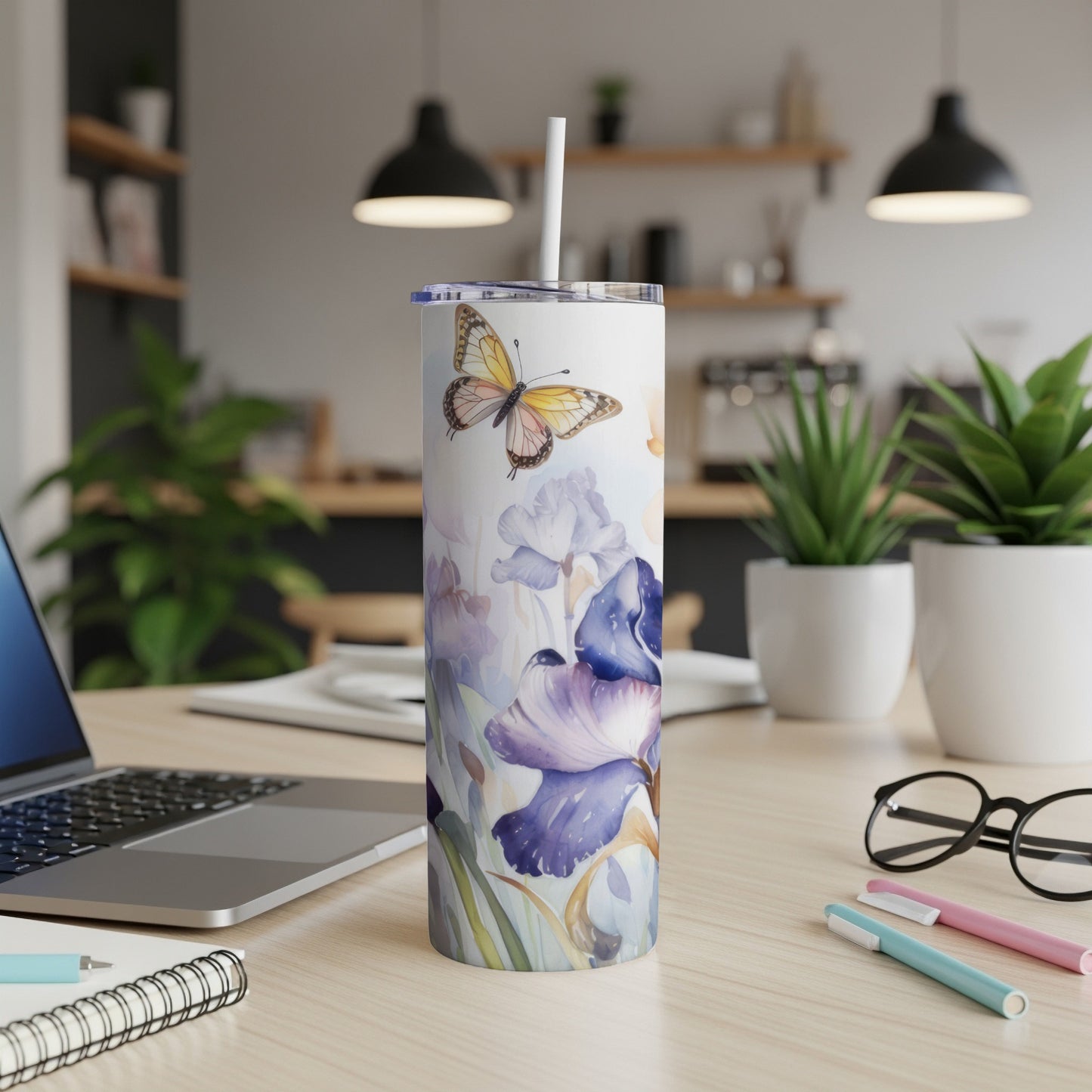 Tall tumbler with watercolor irises and butterfly design.