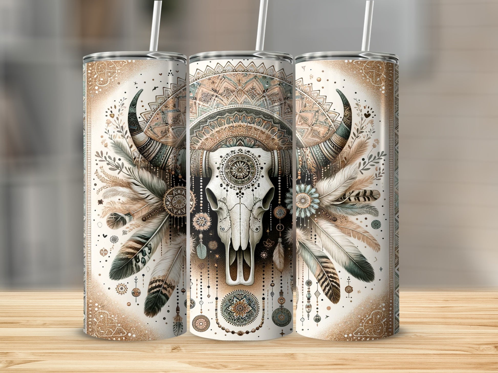 Boho-style buffalo skull tumbler with feathers and mandala patterns.