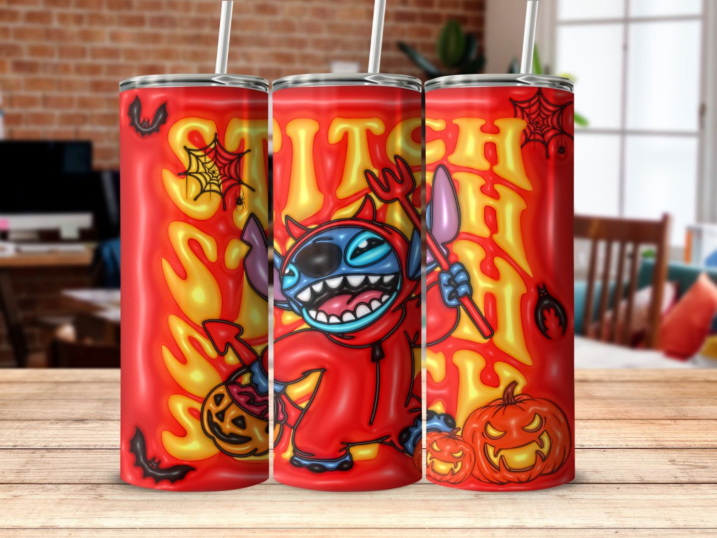 Halloween Stitch Tumbler with Flames and Pumpkins Design