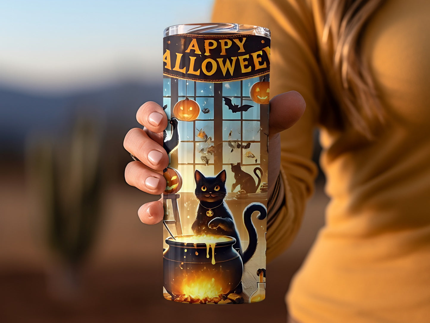 Happy Halloween Black Cat Cauldron Tumbler Cup