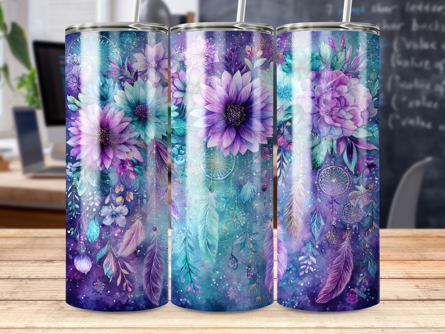 Dreamy Floral and Feather Art Tumbler Design