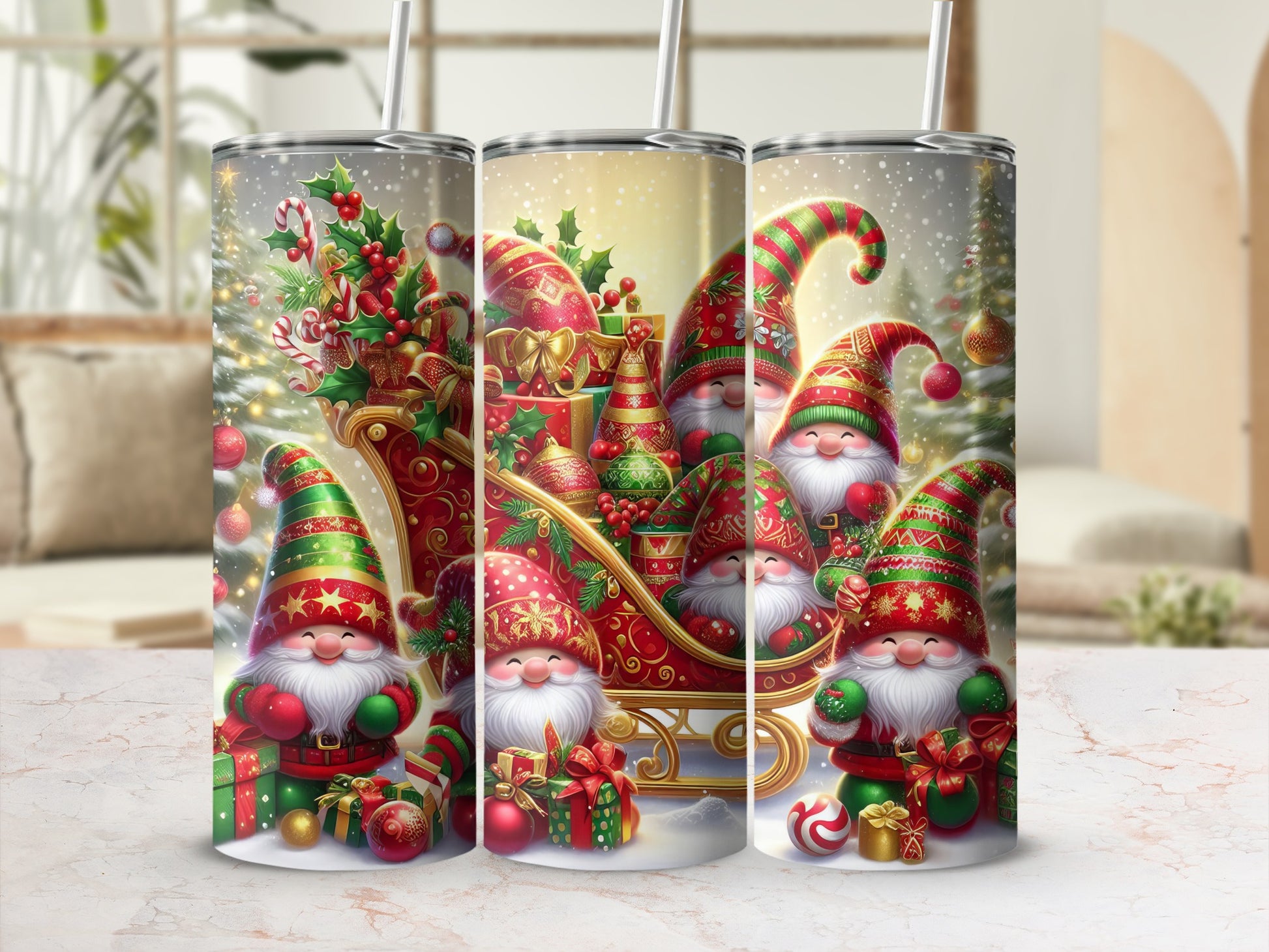 Christmas gnomes and presents fill a sleigh, with twinkling lights and snow.