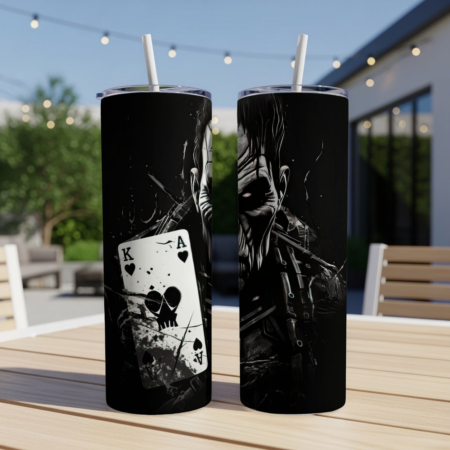 Two tumblers with a dark, gothic design featuring a king and ace of spades, and a skull.