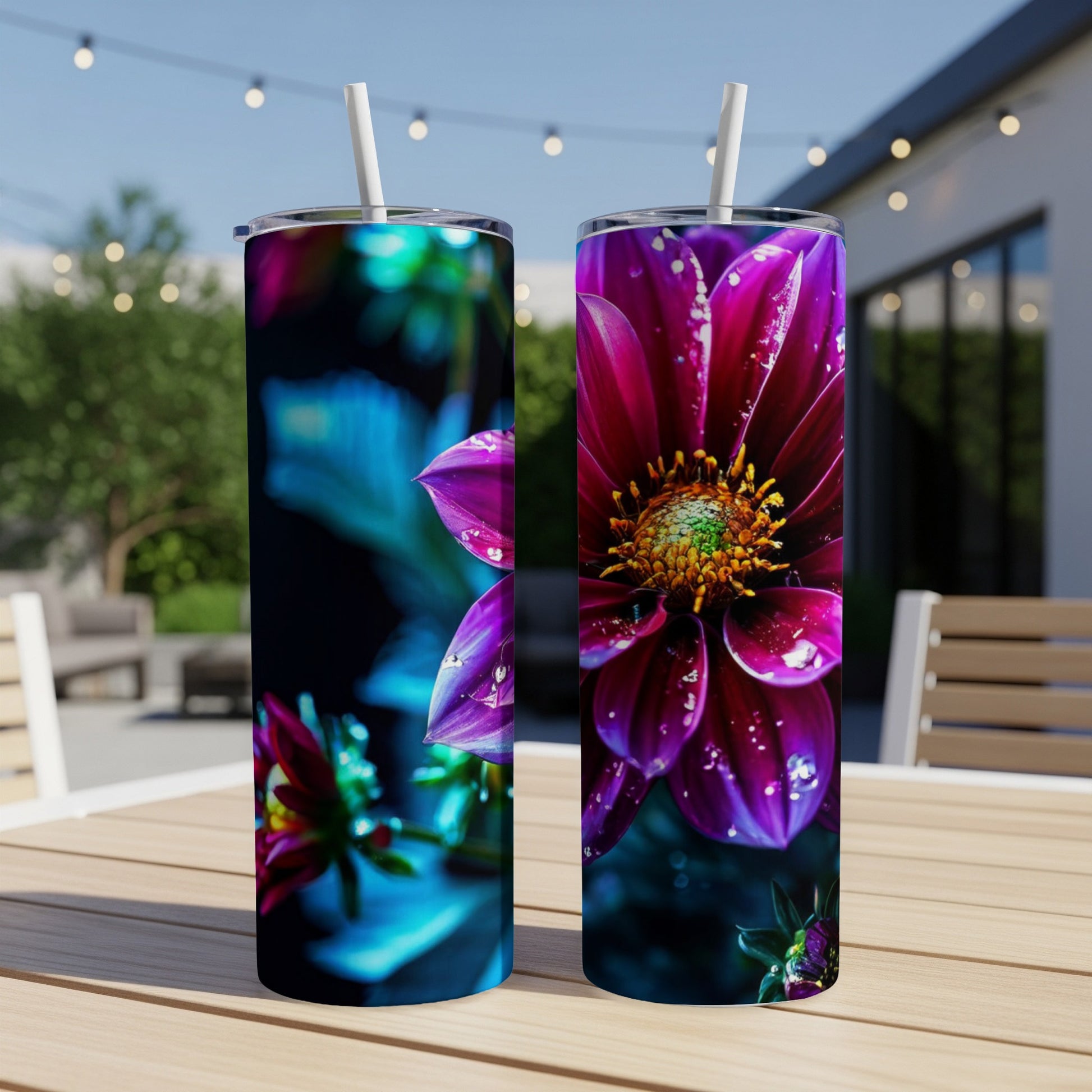 Two tumblers with vibrant purple dahlias and water droplets.