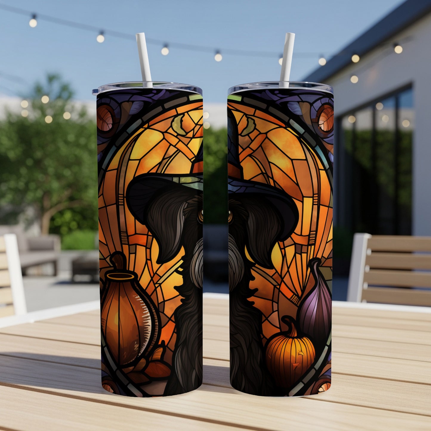 Two tumblers with stained-glass witch and pumpkin design.