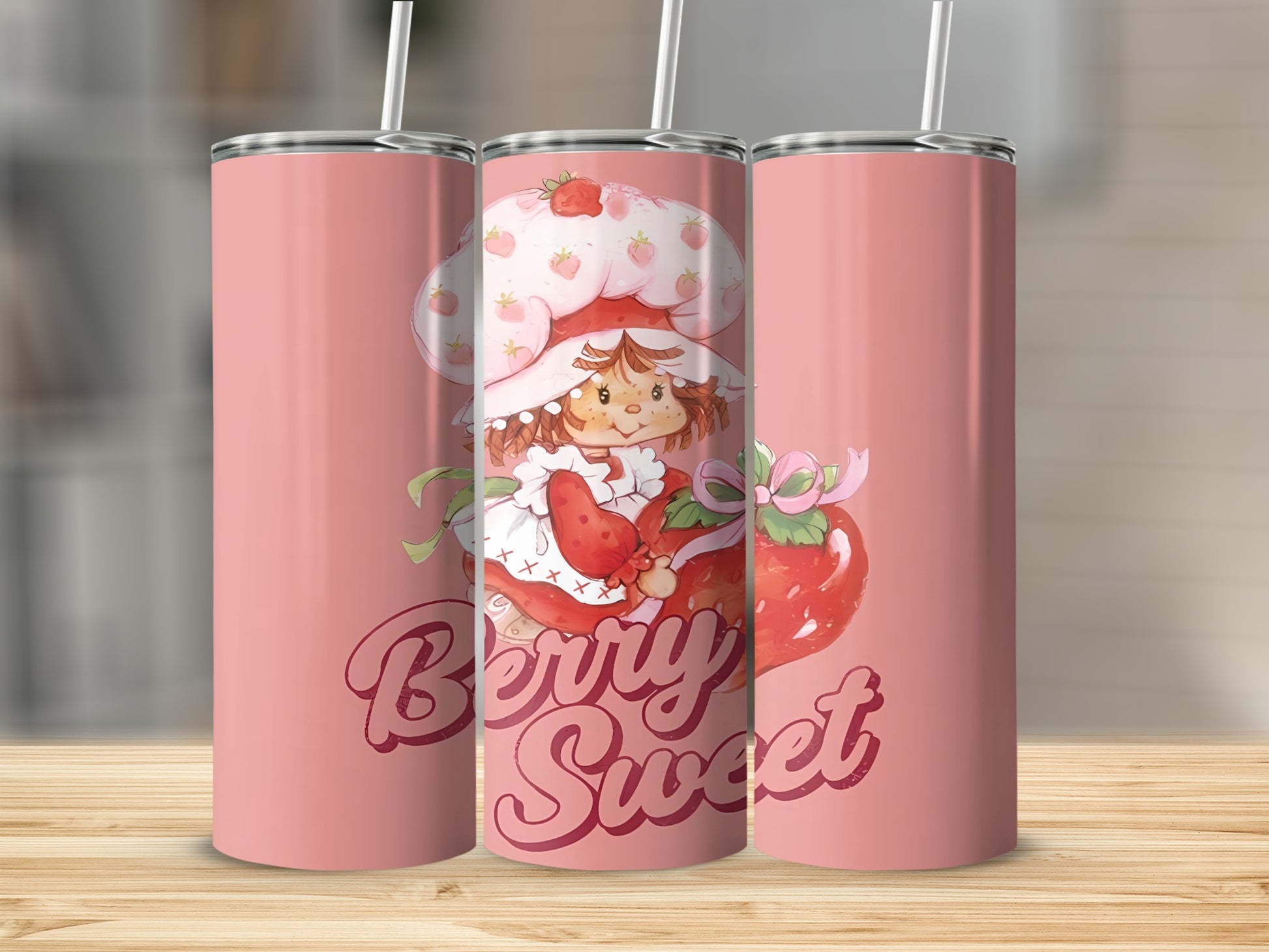 Strawberry Shortcake tumbler with "Berry Sweet" text and strawberries.