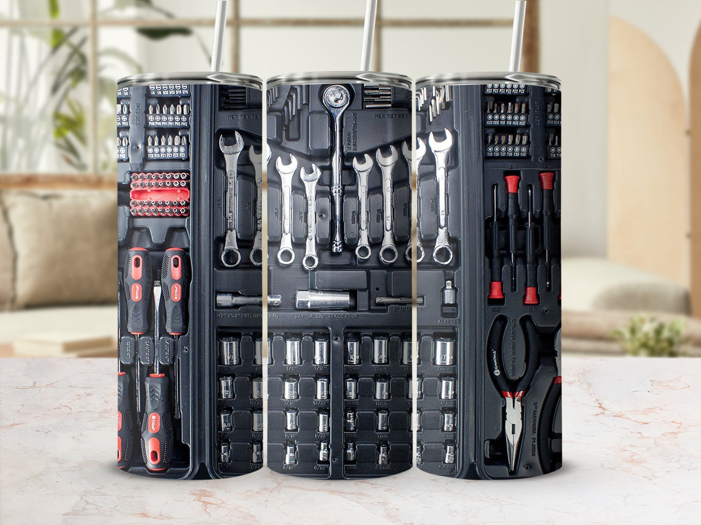 Tumbler with a tool set pattern featuring wrenches, screwdrivers, sockets, and pliers.