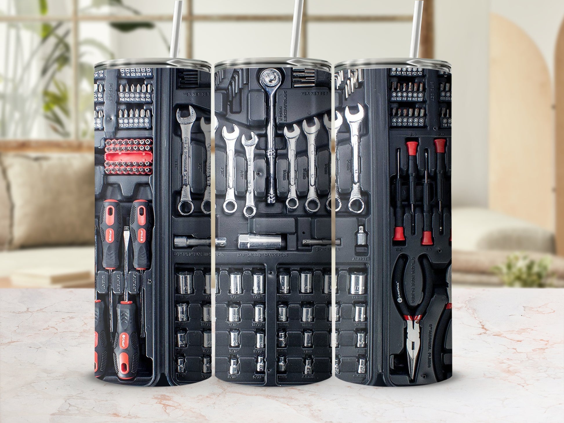 Tumbler with a tool set pattern featuring wrenches, screwdrivers, sockets, and pliers.