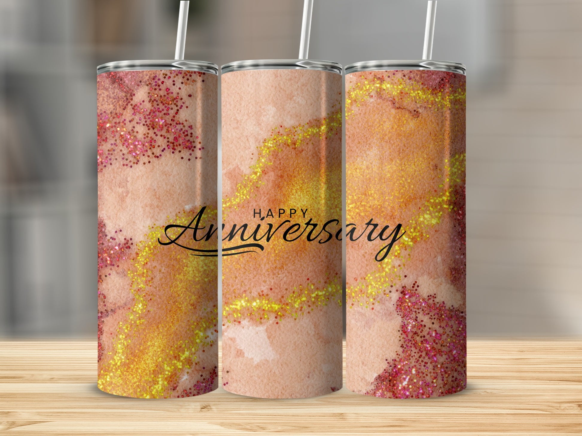 Anniversary tumbler with watercolor and glitter design.