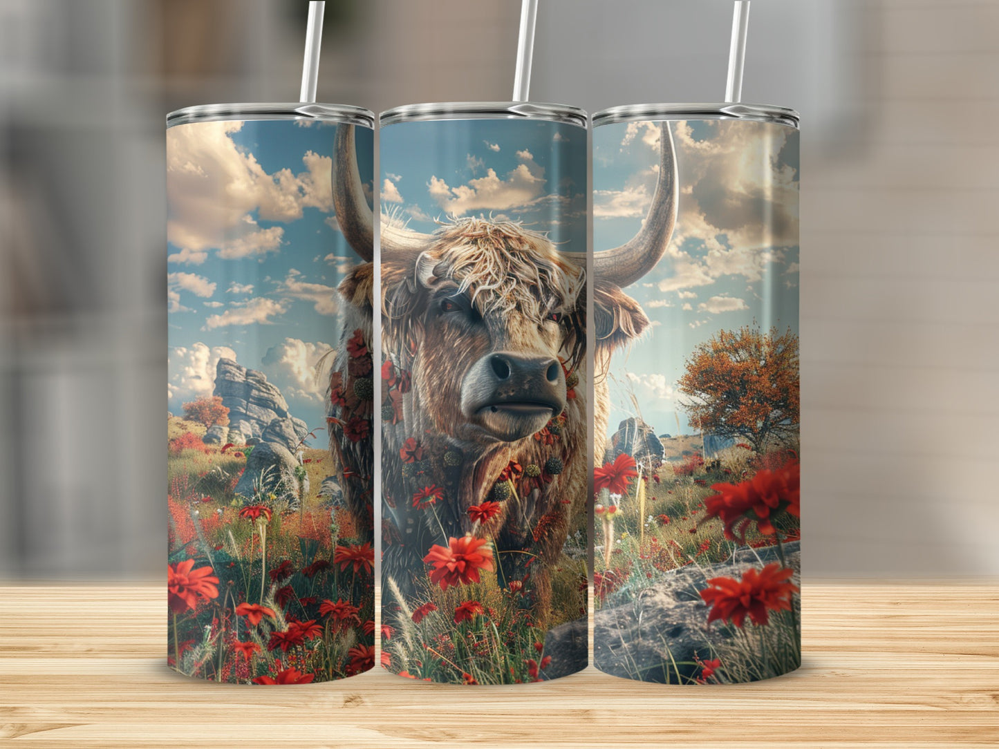 Highland cow with red flowers in a landscape.