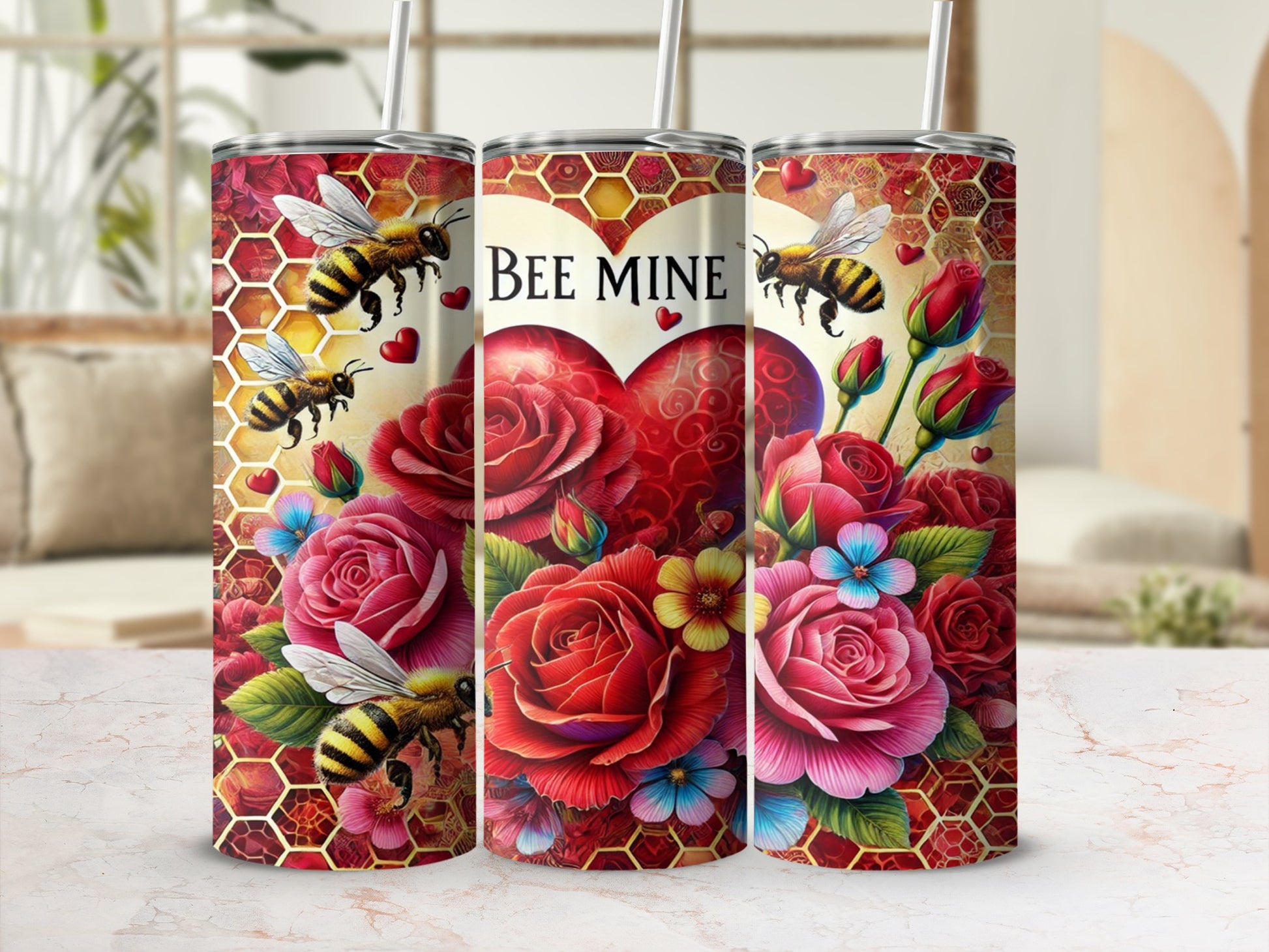 Bee Mine Vibrant Floral Honeycomb Travel Tumbler