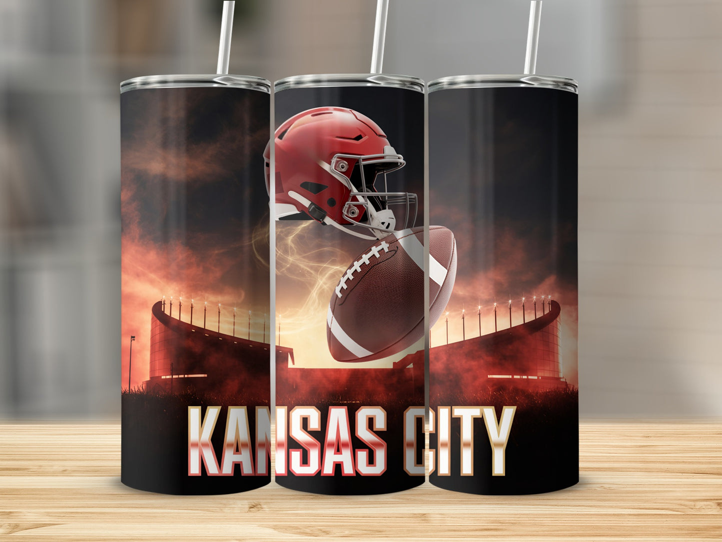 Kansas City football helmet and ball against stadium backdrop