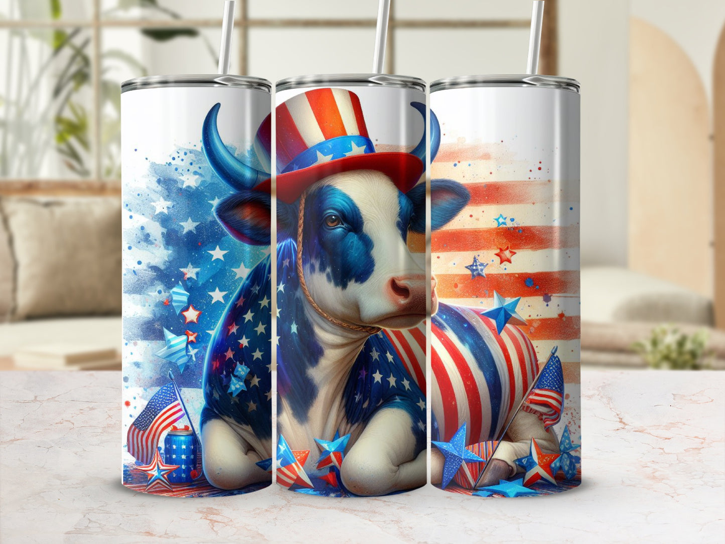 Patriotic cow wearing an Uncle Sam hat and patriotic stars and stripes design.