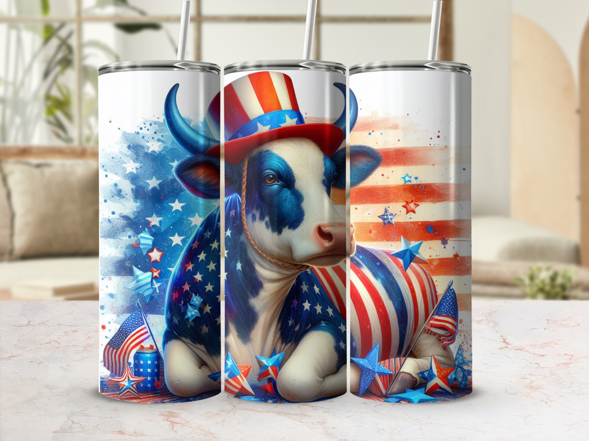 Patriotic cow wearing an Uncle Sam hat and patriotic stars and stripes design.