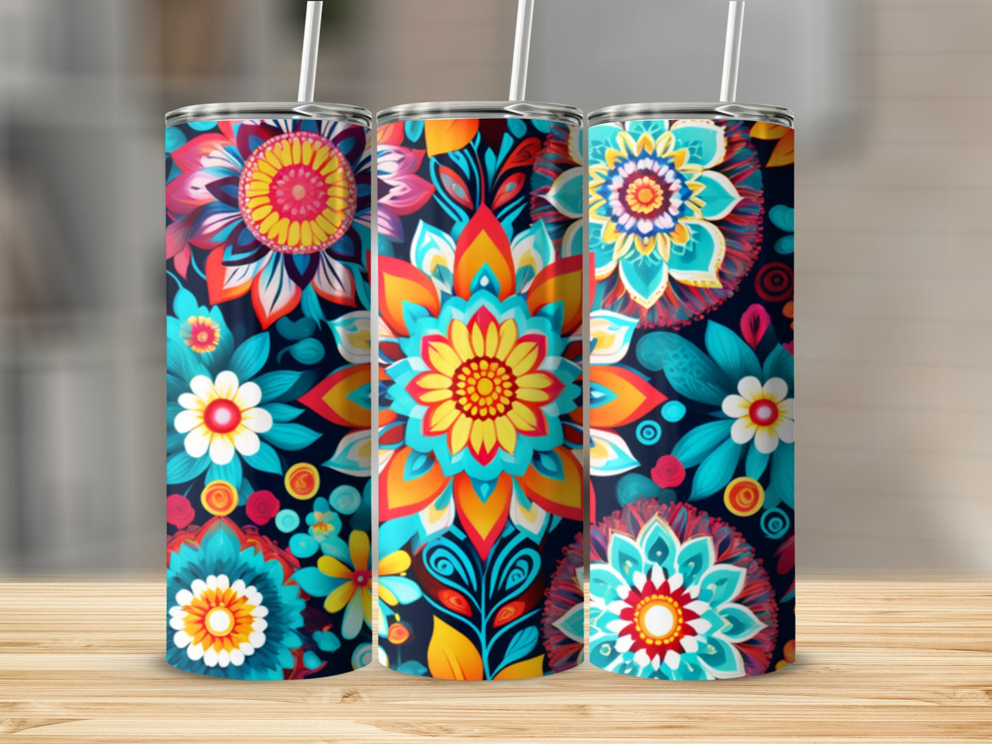Three vibrant floral pattern tumblers on a wooden surface.