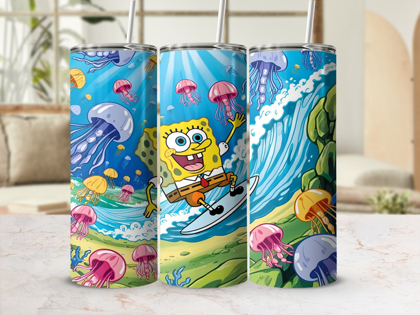 SpongeBob SquarePants surfing a wave with jellyfish and a beach background.