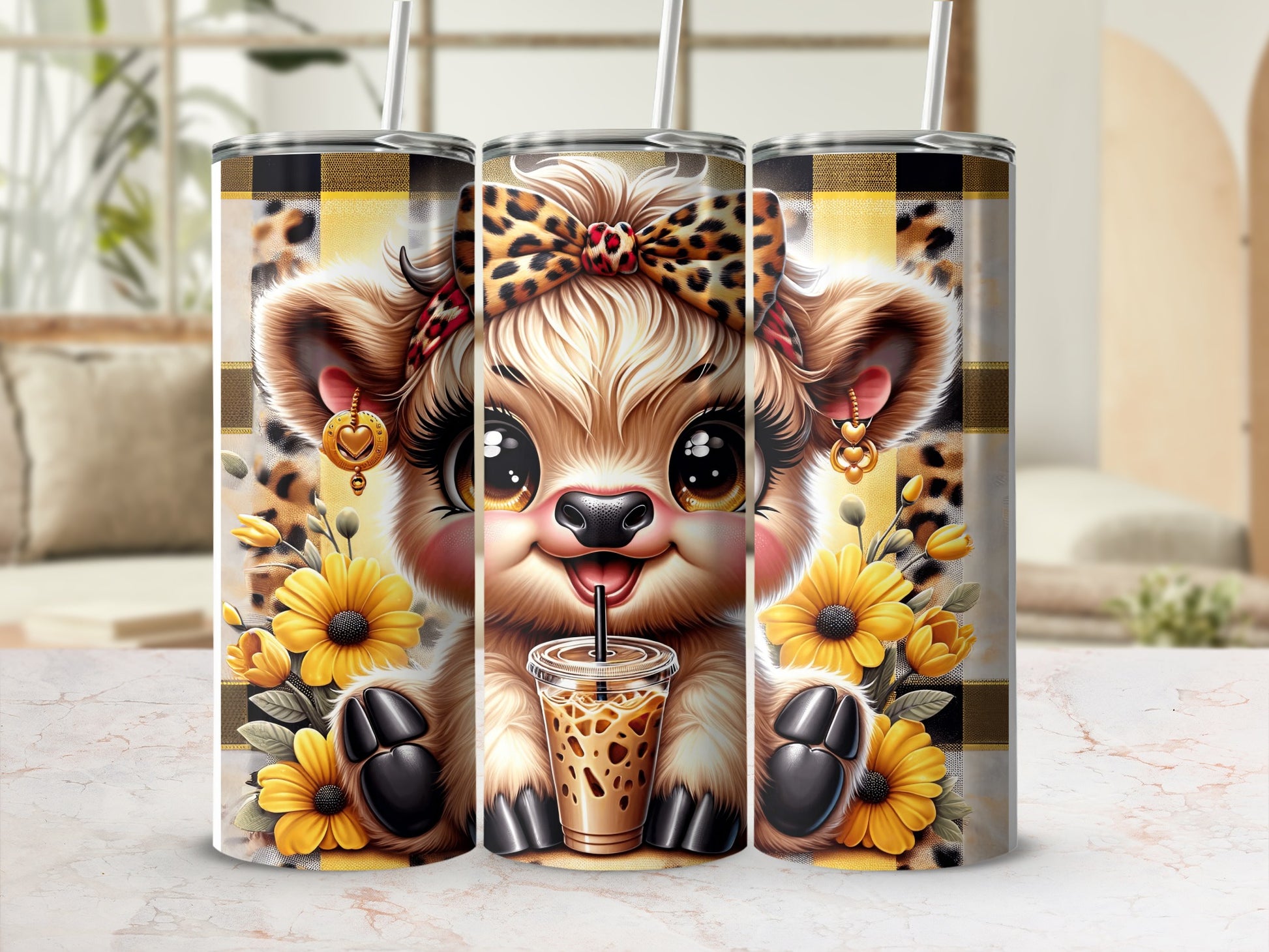 Cute cartoon bear with coffee, sunflowers, and plaid pattern tumbler.