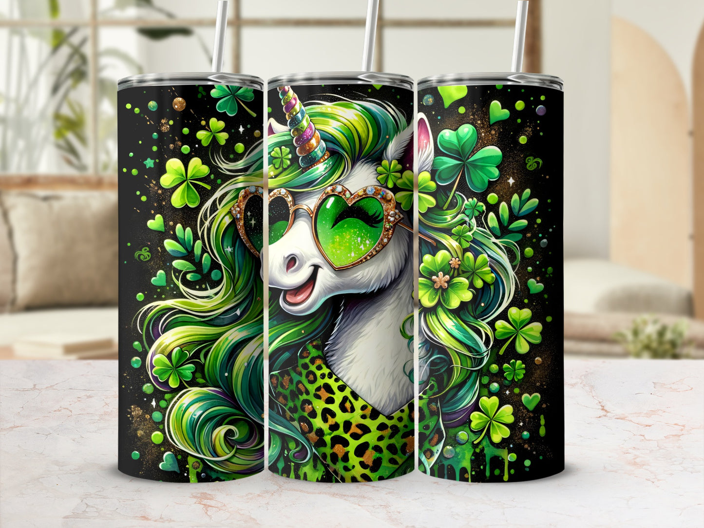 St. Patrick's Day unicorn tumbler with shamrocks and leopard print.