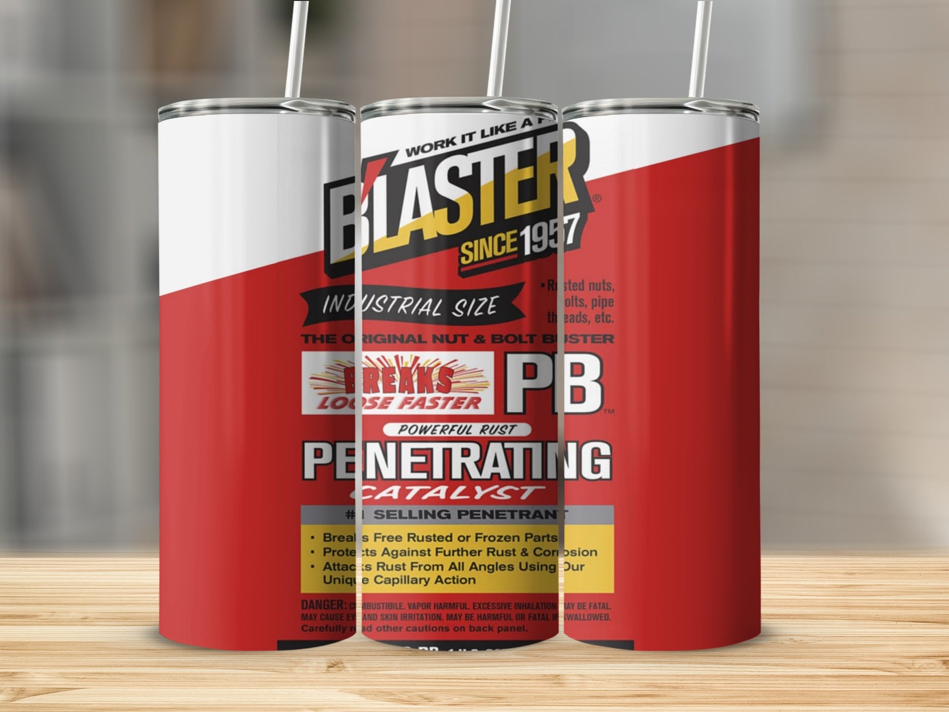 Blaster PB Powerful Rust Penetrating Catalyst lubricant spray can with wooden background.