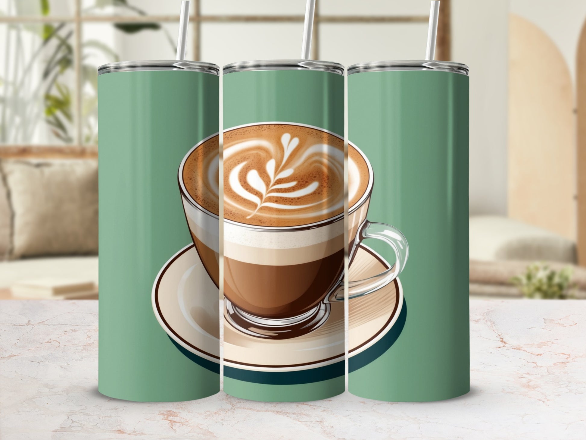 Latte art coffee in a mug on a saucer, against a teal background.