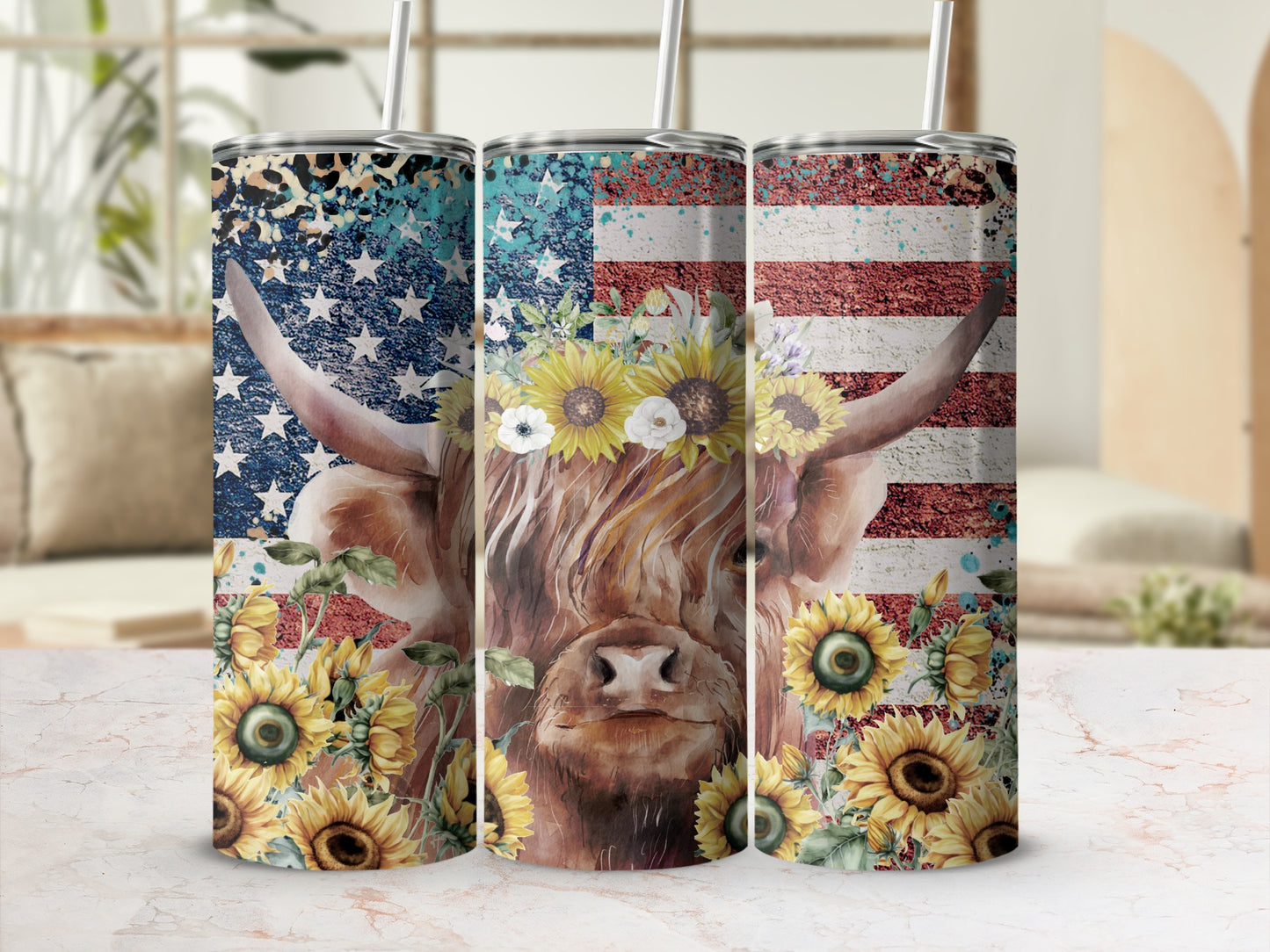 Highland cow with sunflowers and American flag design on a tumbler.