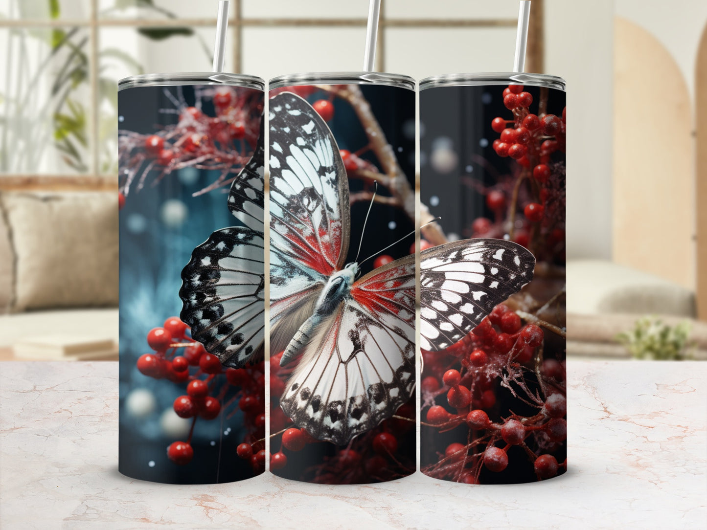 Three tumblers featuring a close-up of a butterfly on red berries.