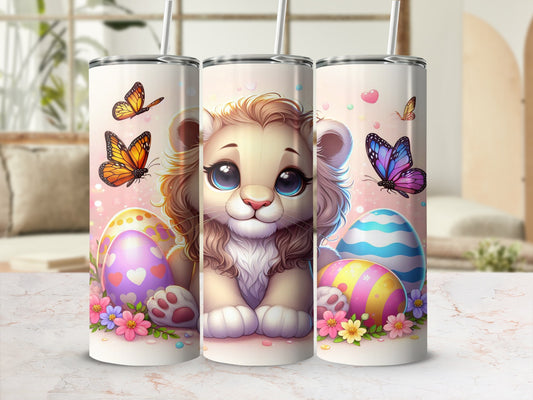 Easter-themed tumbler with a cute lion cub and colorful eggs and butterflies.