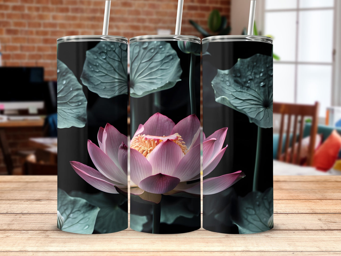 Pink Lotus Bloom Dark Green Leaves Water Droplets Tumbler product type