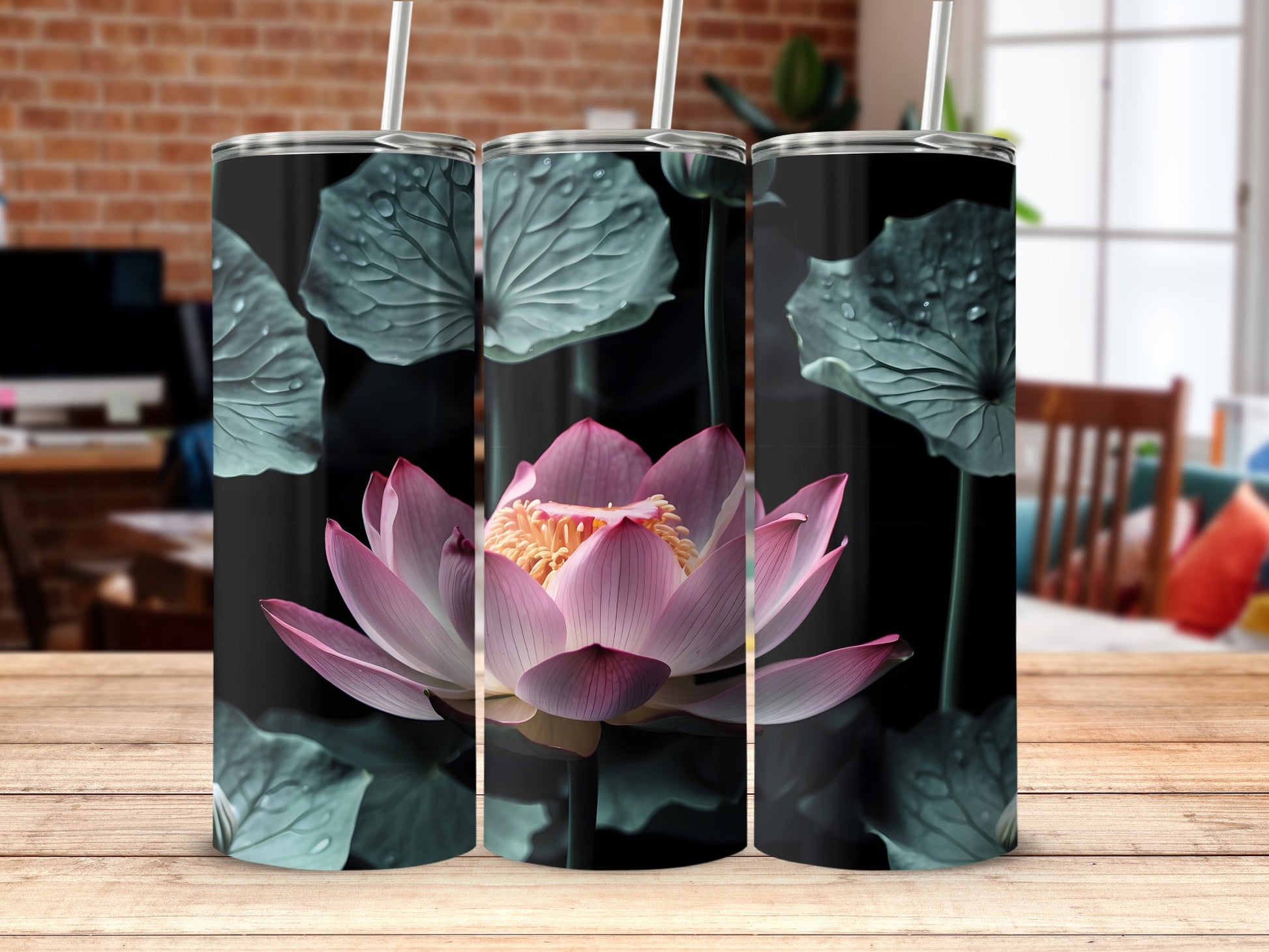 Pink Lotus Bloom Dark Green Leaves Water Droplets Tumbler product type