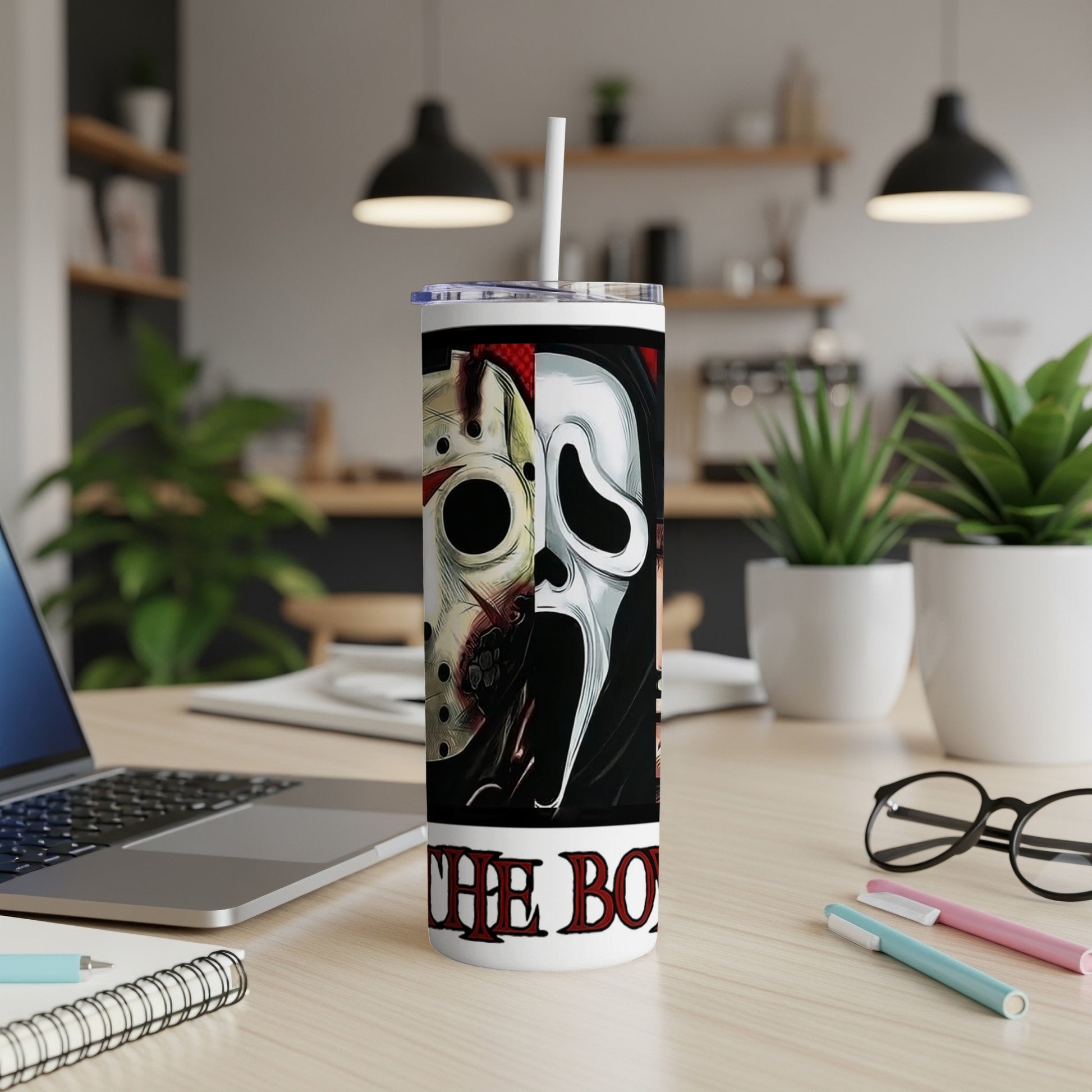 Tumbler with Jason Voorhees mask and Ghostface mask with "THE BOO" text.