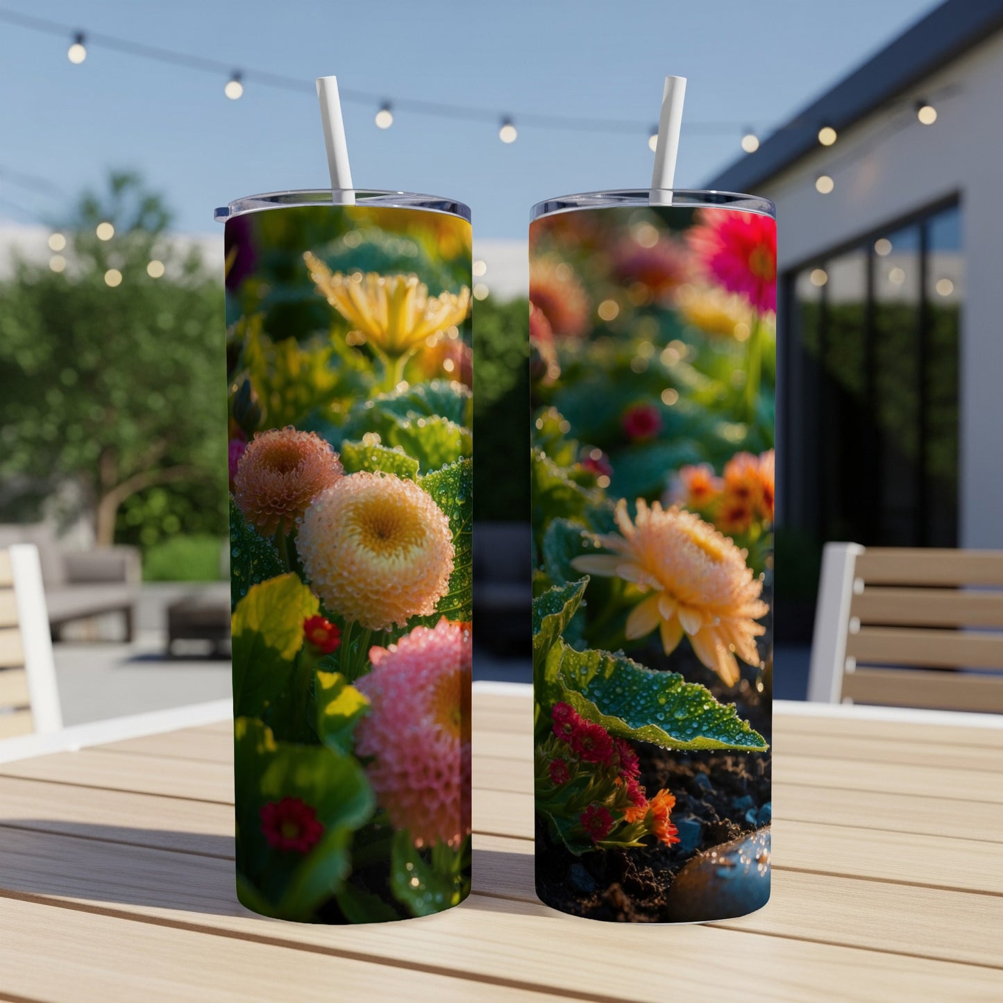 Two tumblers with close-up floral designs featuring dewdrops on flowers.