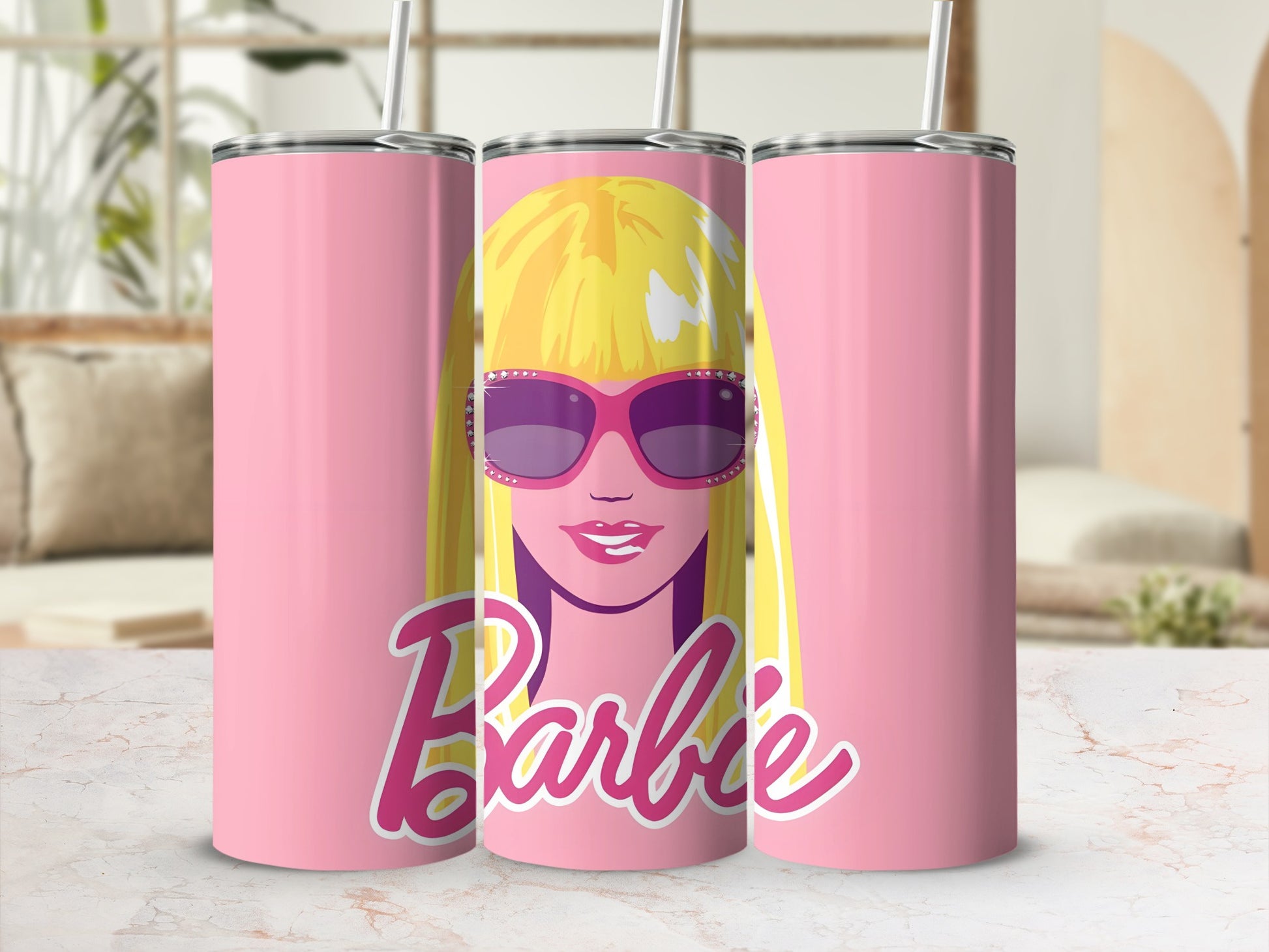 Pink tumbler with Barbie logo and sunglasses-wearing character.