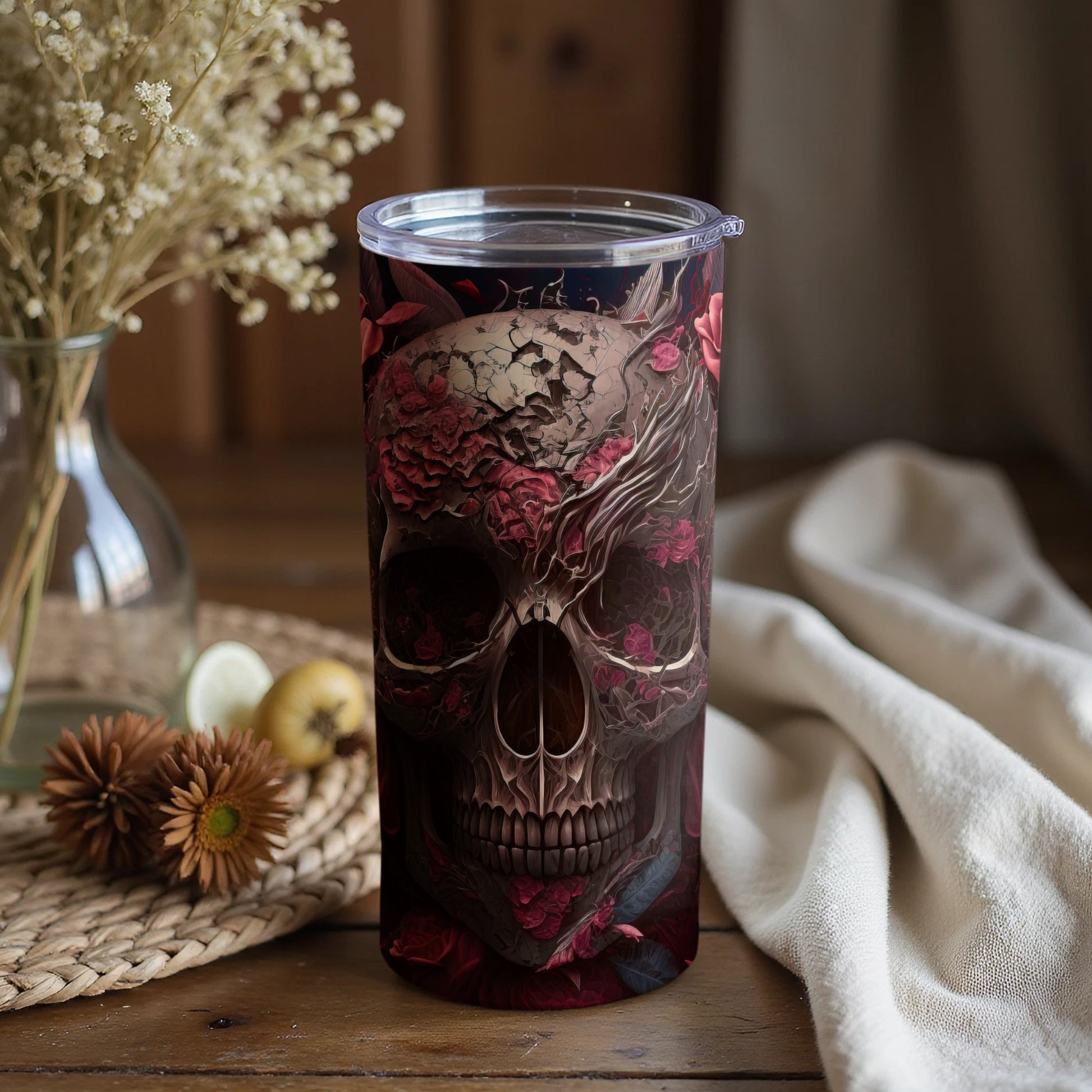 Intricate Skull with Floral Design Tumbler Drinkware