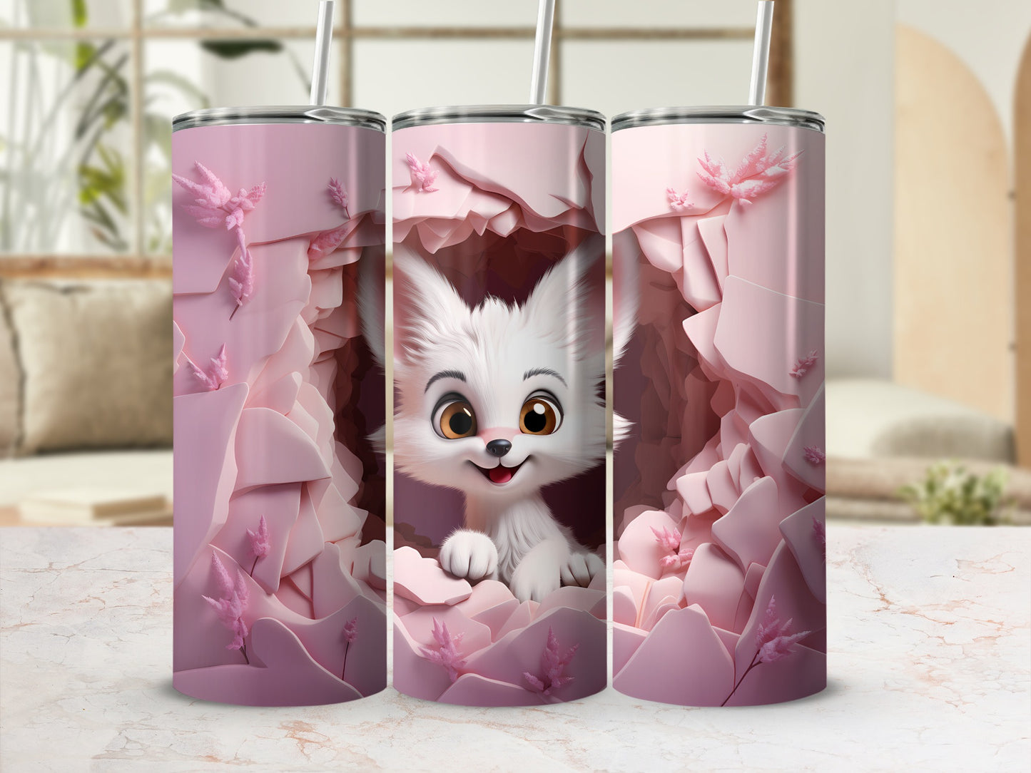 Cute Animated Fox in Pink Floral Background Tumbler